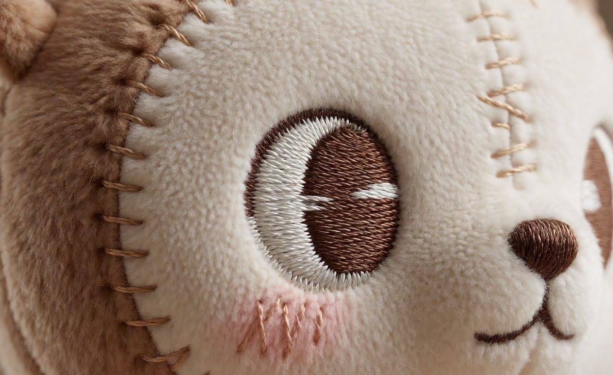 Macro of even stitching and an embroidered eye on a plush toy