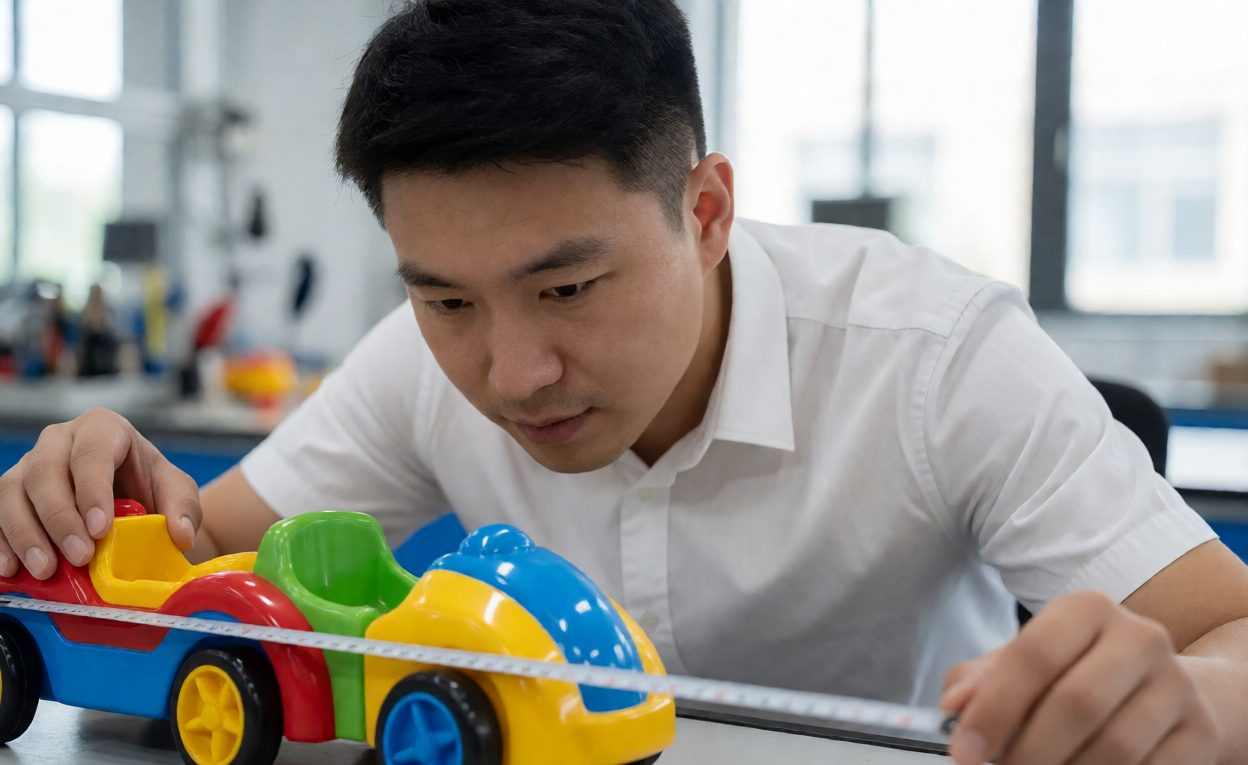 Measuring Cord Length On A Pull-Along Toy Engineer measuring the cord length on a toy pull-along with a tape measure