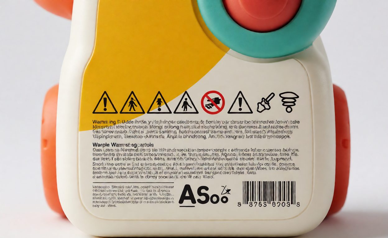 Toy package back panel showing warning icons and age marking