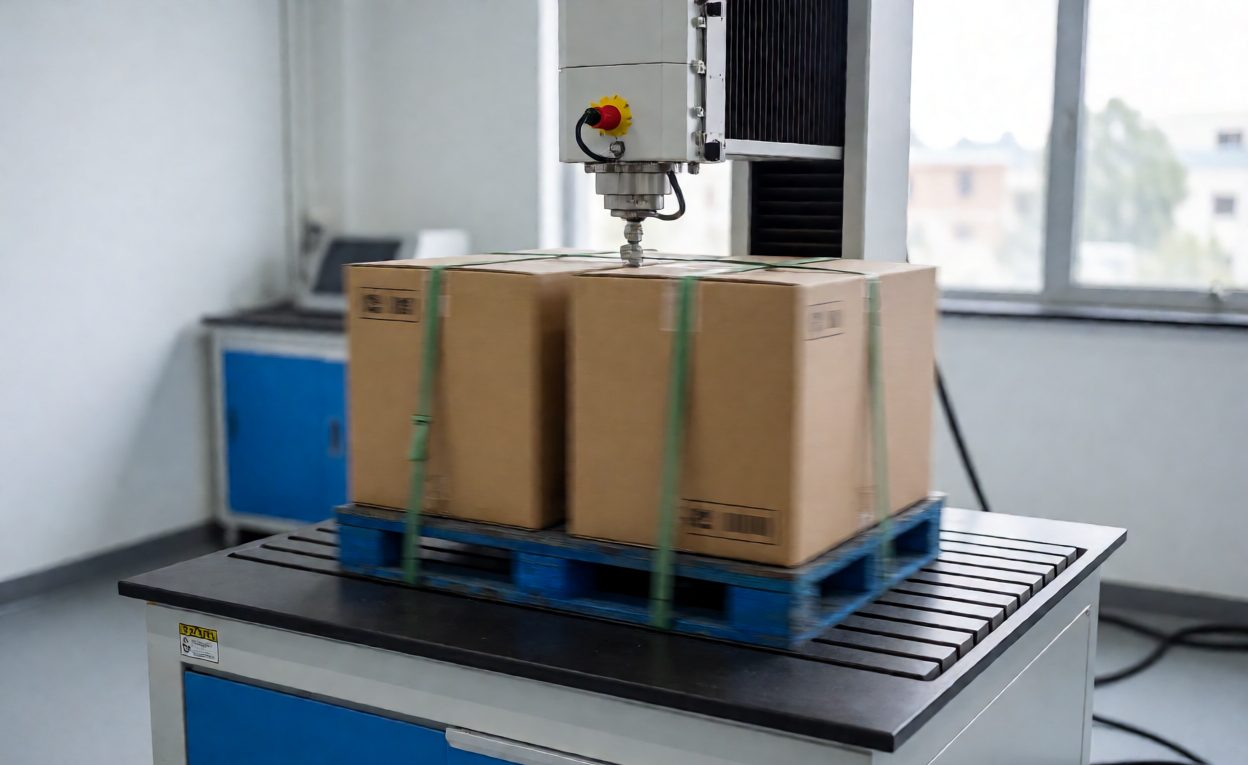 Vibration Testing Cartons For Road Transport Cartons strapped to a vibration test table during transport simulation