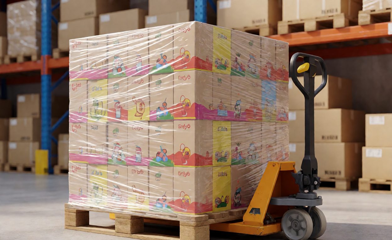 Palletised Toy Cartons Ready For Loading Wrapped pallet of uniform toy cartons on a warehouse floor
