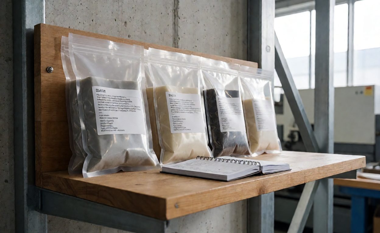 Stored Golden Samples With A Sample Log Shelf of sealed reference samples in labelled bags with a sample log book