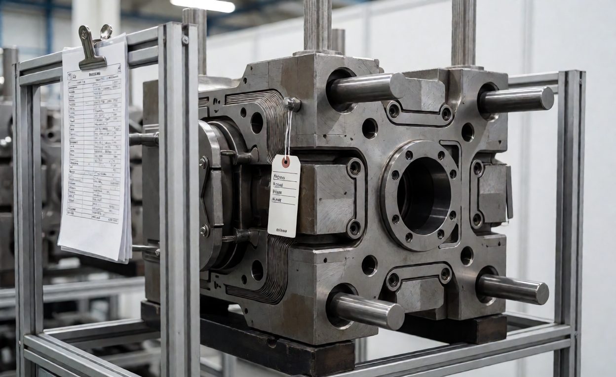 Tooling Ownership Records For A Licensed Shape Injection moulding tool on a factory rack with an identification tag