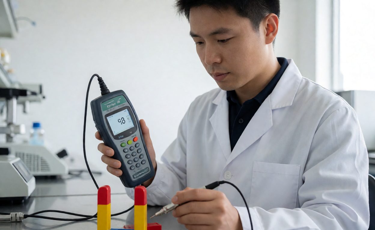 Measuring Magnetic Flux On A Toy Component Gaussmeter measuring the field strength of a toy magnet with a probe