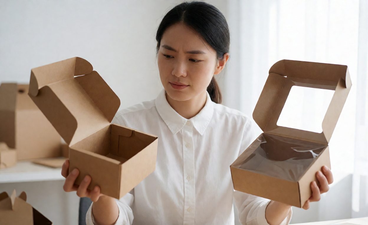 Mono-material paperboard toy box compared with a laminated window box