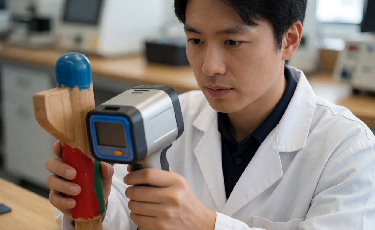 Screening A Painted Toy Part For Elements Technician holding a handheld XRF analyser against a painted wooden toy part