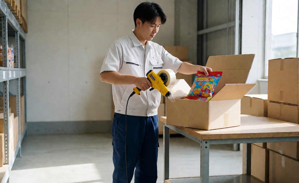 Assembling A Pdq Counter Display Box Worker assembling a corrugated counter display box and loading toy packets