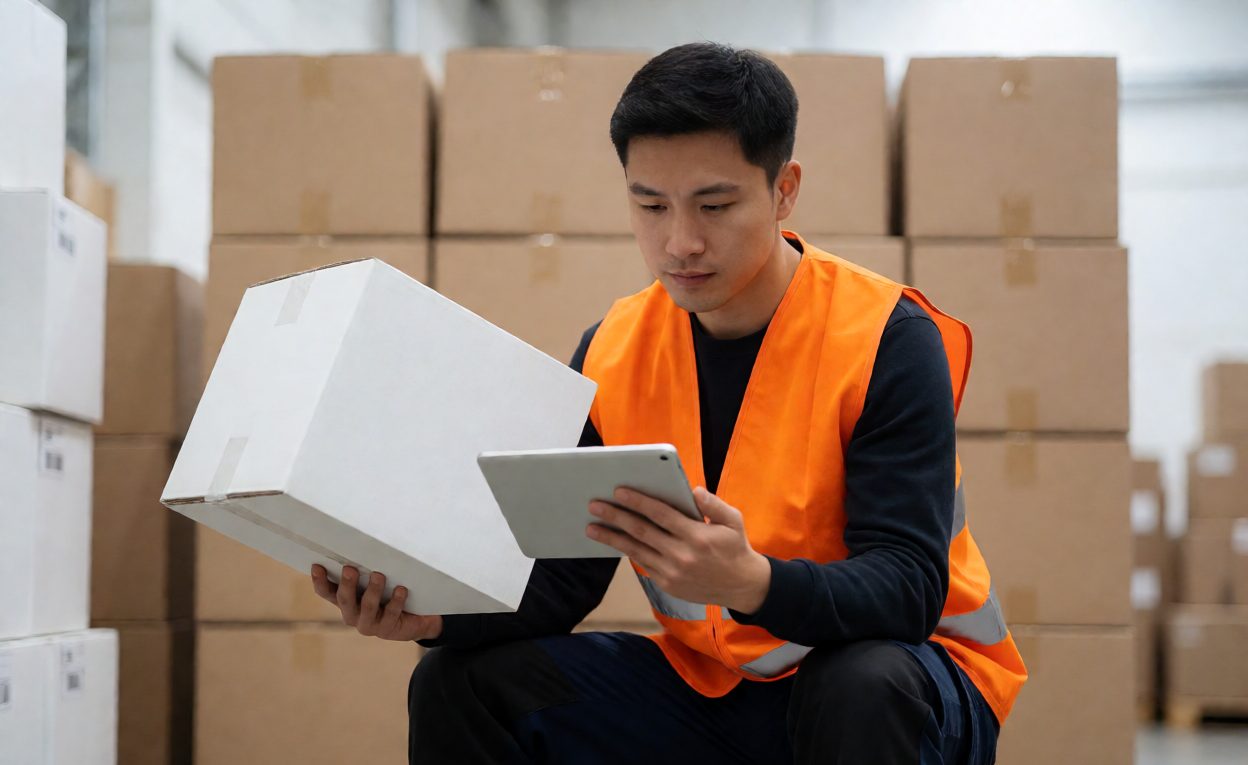 Checker comparing a batch code label on a toy carton with a tablet checklist