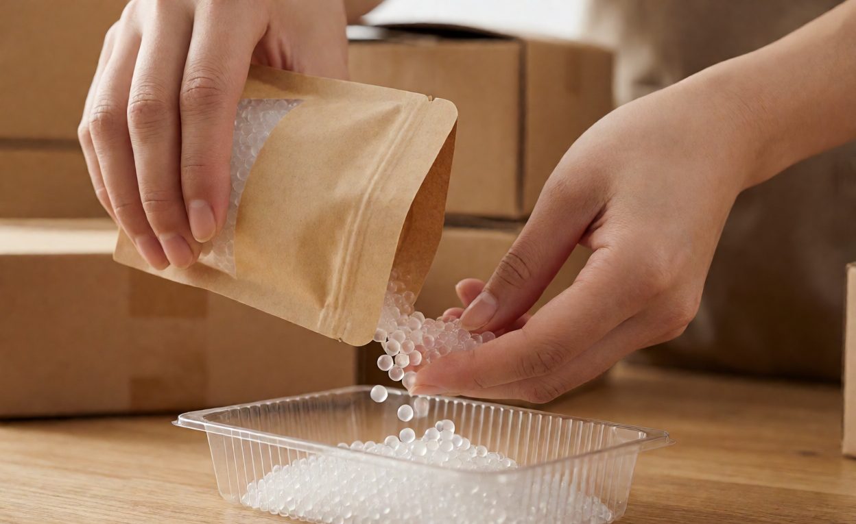 Packing Dehydrated Water Beads Hands pouring dehydrated water beads from a pouch into a tray