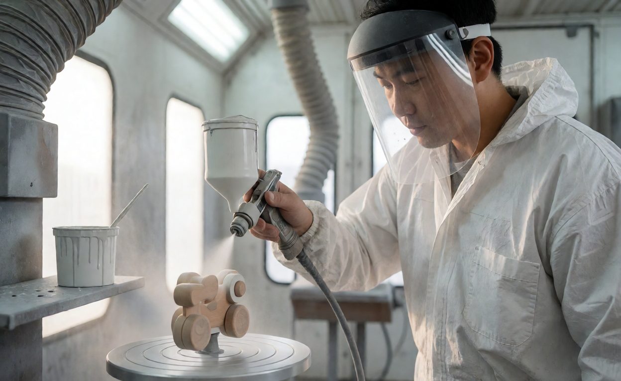 Water-Based Paint Application On Wooden Parts Worker applying water-based paint to a wooden toy in a spray booth