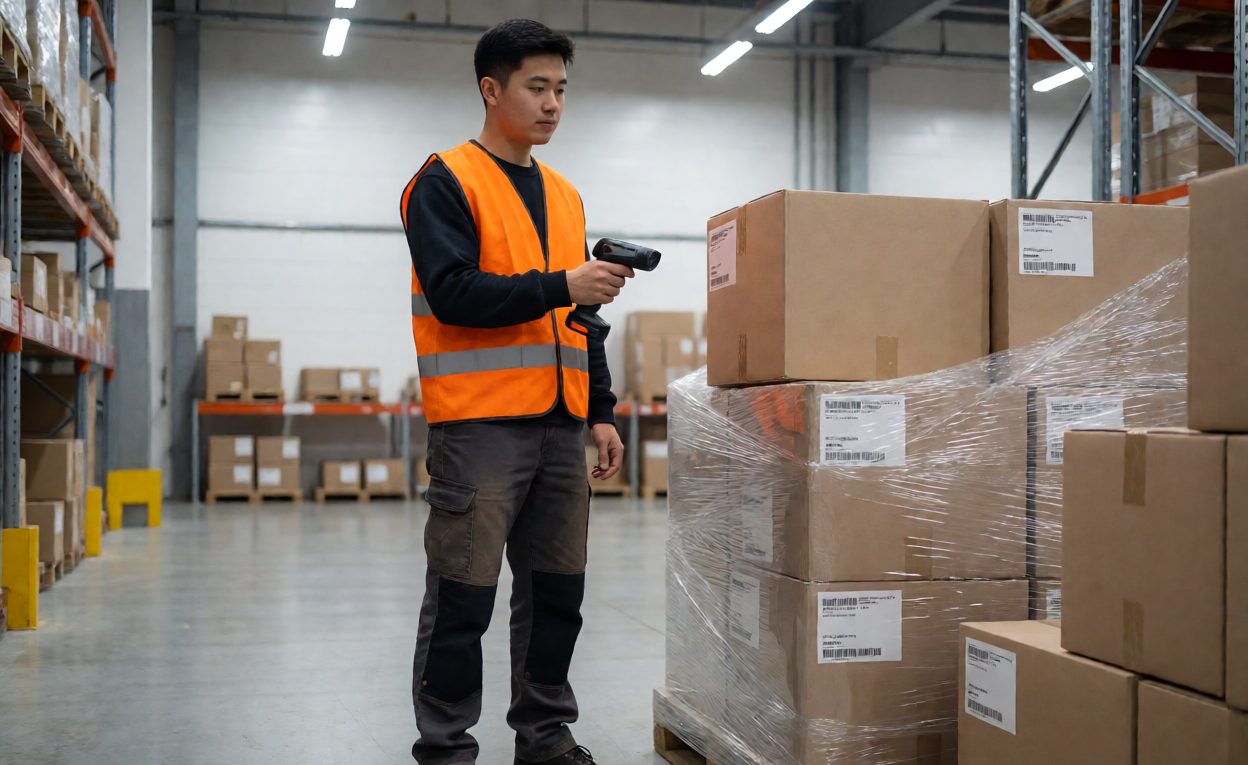 Worker scanning labelled toy cartons beside a wrapped pallet