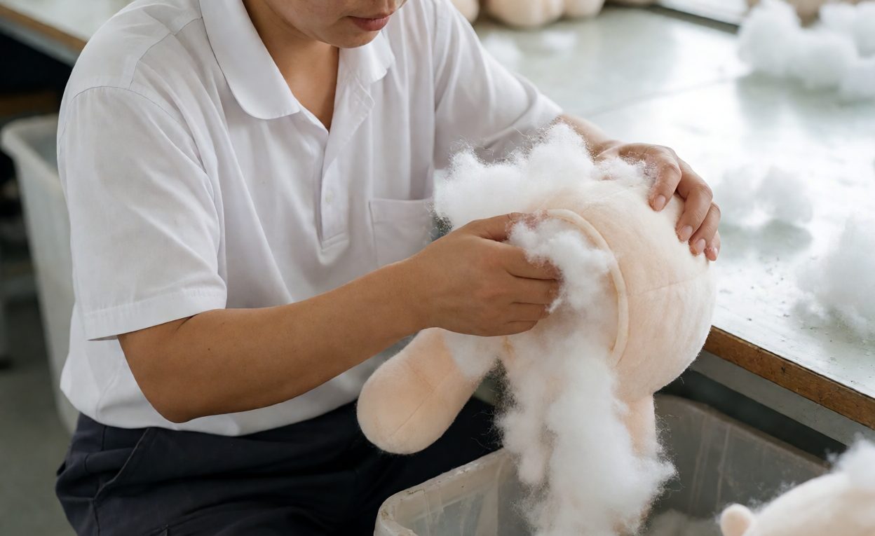 Worker stuffing polyester fiber filling into a plush toy shell