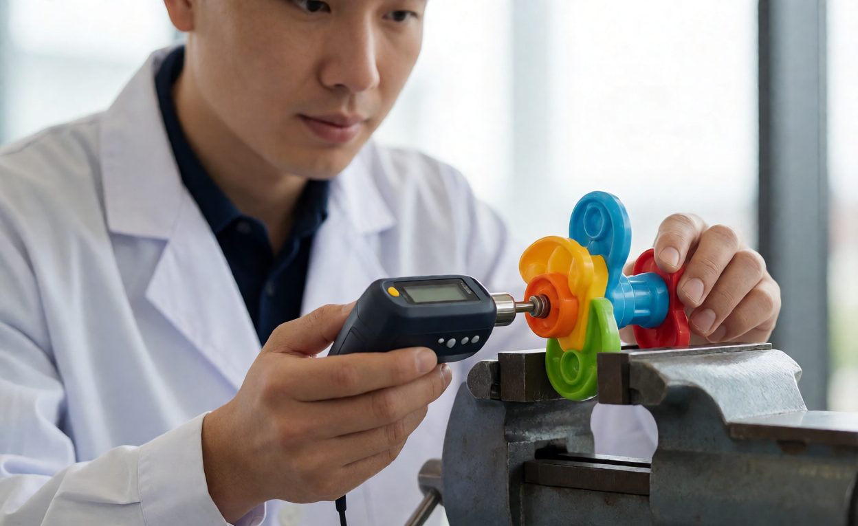 Torque And Pull Testing On A Pre-School Toy Sample Technician performing a torque and pull test on a toy attachment with a force gauge
