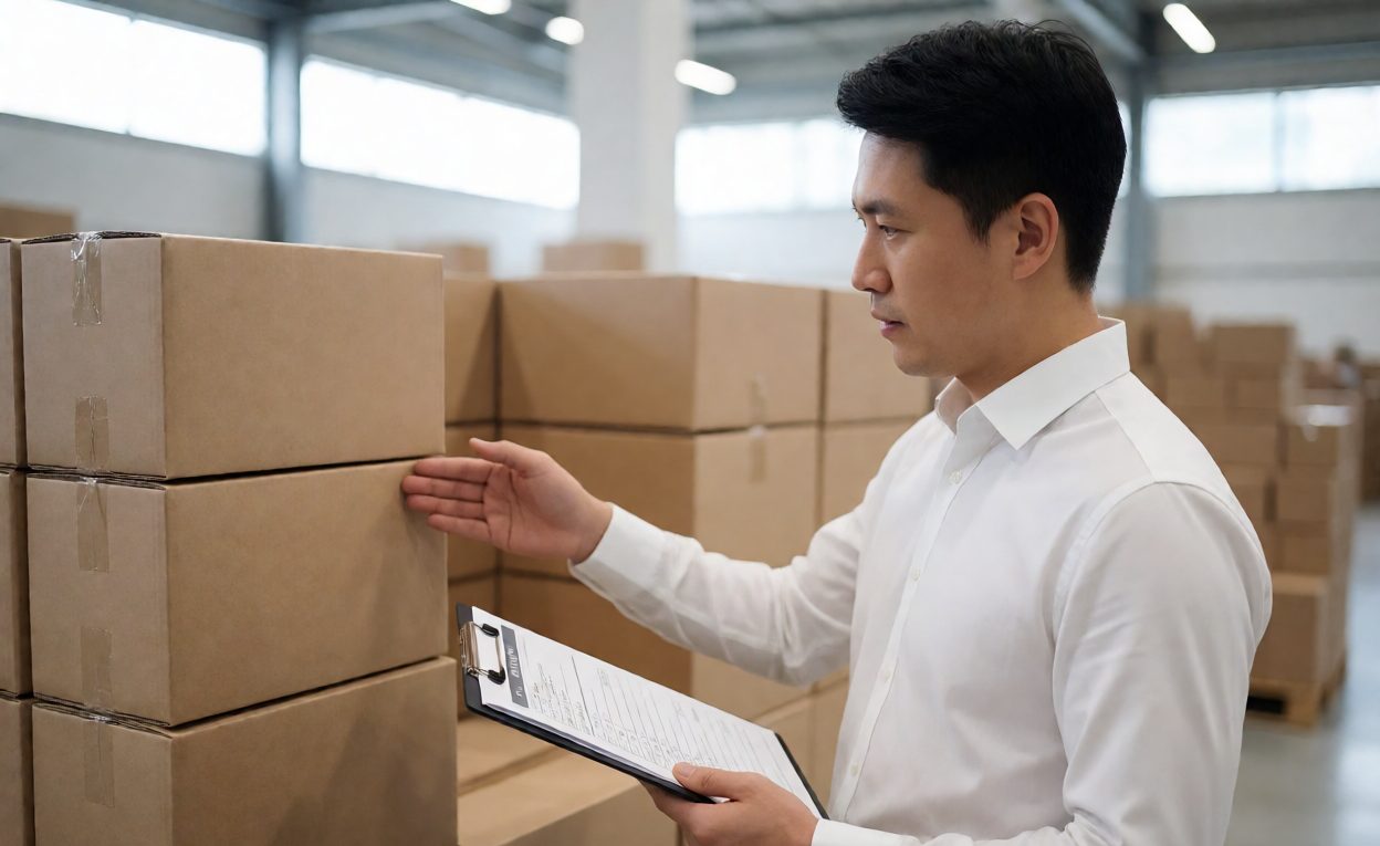 Inspector checking printed toy cartons against a compliance checklist