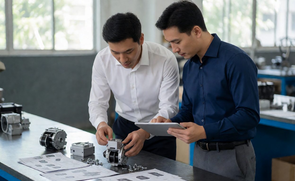 Joint Sample Review At A Factory Bench Supervisor and buyer reviewing sample units with specification sheets