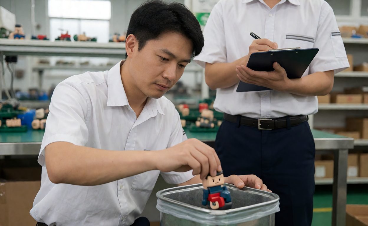Documented Disposal Of Surplus Licensed Units Worker placing surplus toy units into a sealed disposal bin while a colleague records it