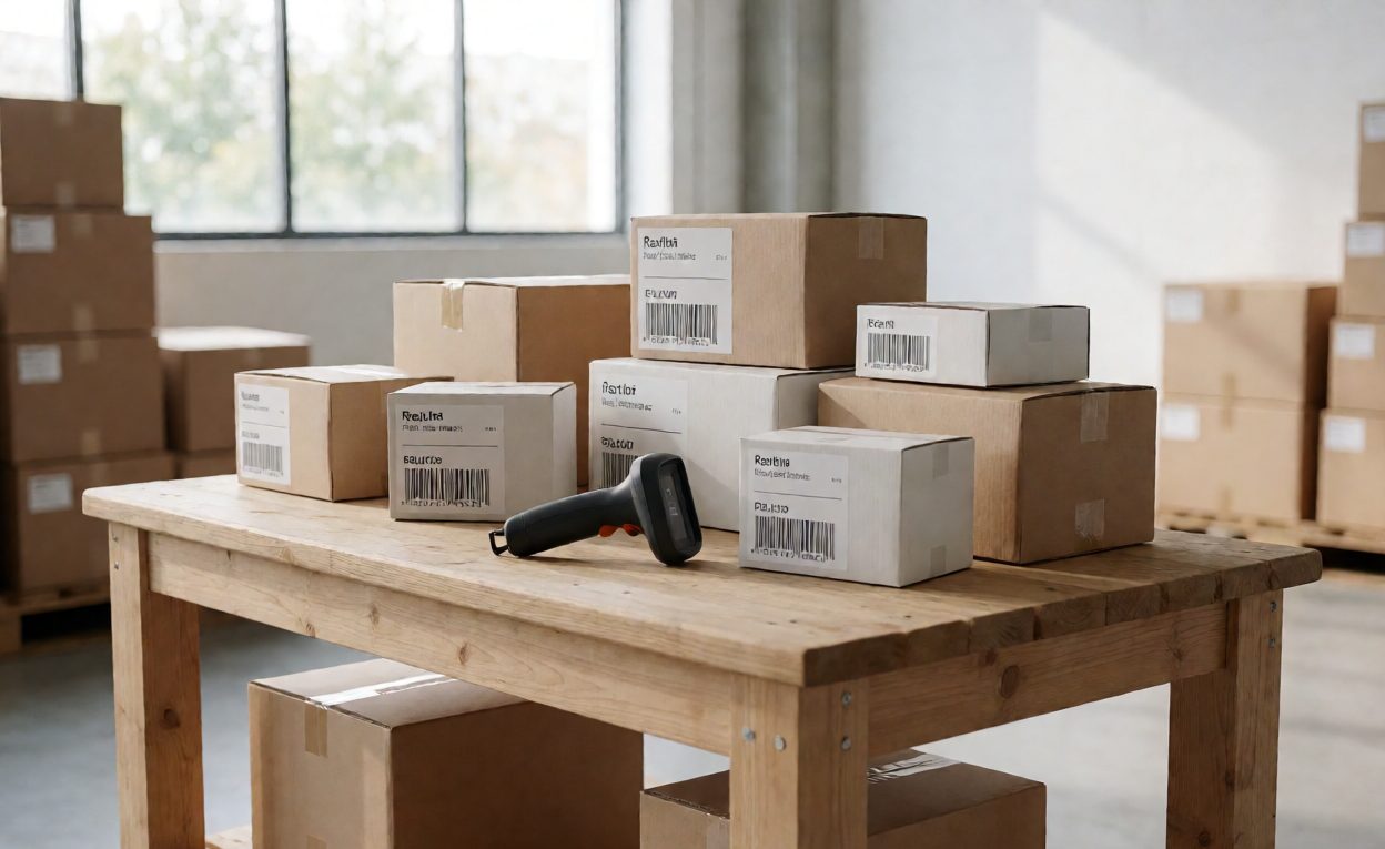 Barcode Labelling And Carton Packing Bench Packing bench with retail cartons, barcode labels and a handheld scanner