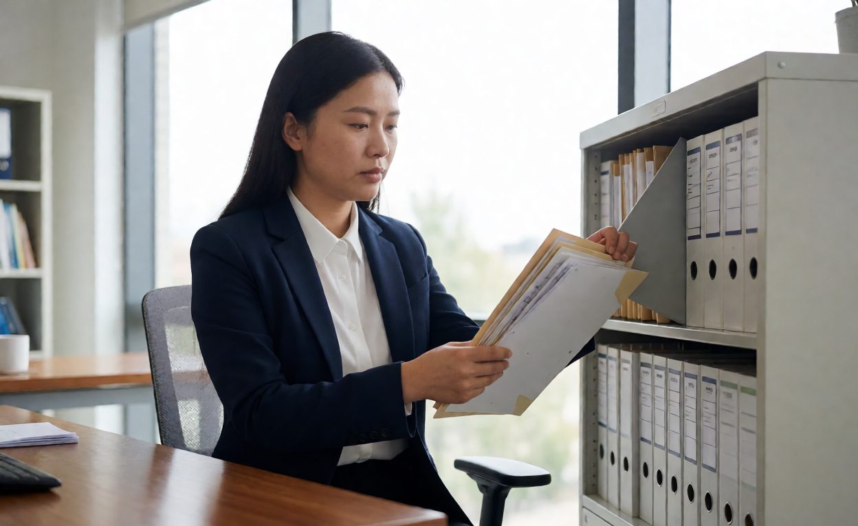 Compliance manager filing document folders into a labelled archive cabinet