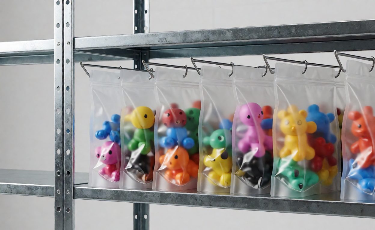Samples Staged For Dispatch To The Laboratory Labelled toy samples sealed in bags on a rack awaiting dispatch