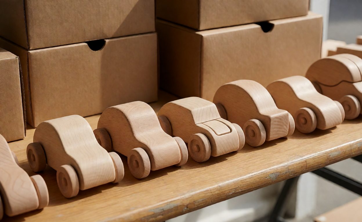 Finished Wooden Toys Before Packing Finished wooden toy cars and puzzles ready for packing