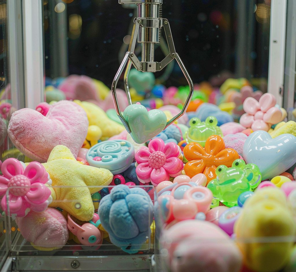 Claw machine grabbing a plush prize from a pit of colorful sensory toys