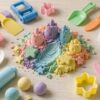 Colorful kinetic sand molded into shapes with play tools on a table