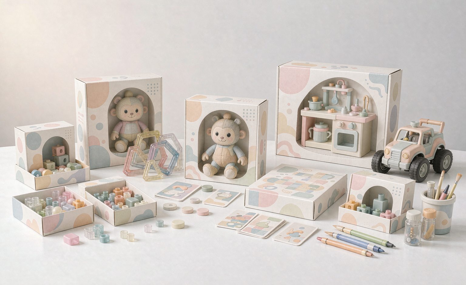 Private label toy products with retail branding arranged for a product line review
